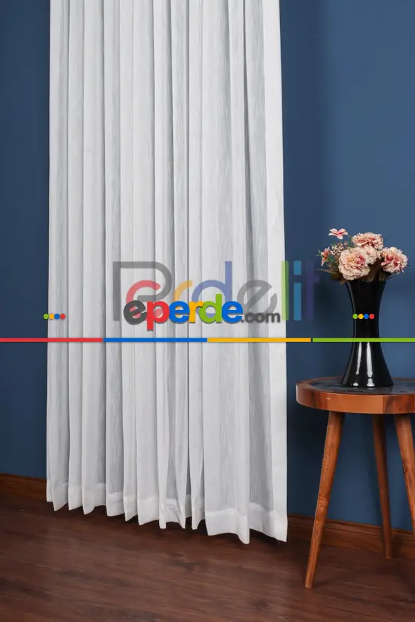 Yeni Sezon Çizgili Ekru Keten Görünümlü Tül Perde