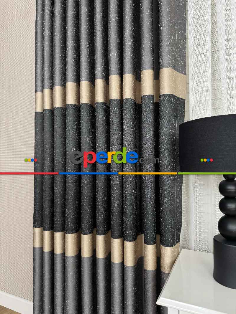 Oturma Odası - Koyu Antrasit Gri Krem Jakar Dokuma Fon Perde, Parlak Zemin