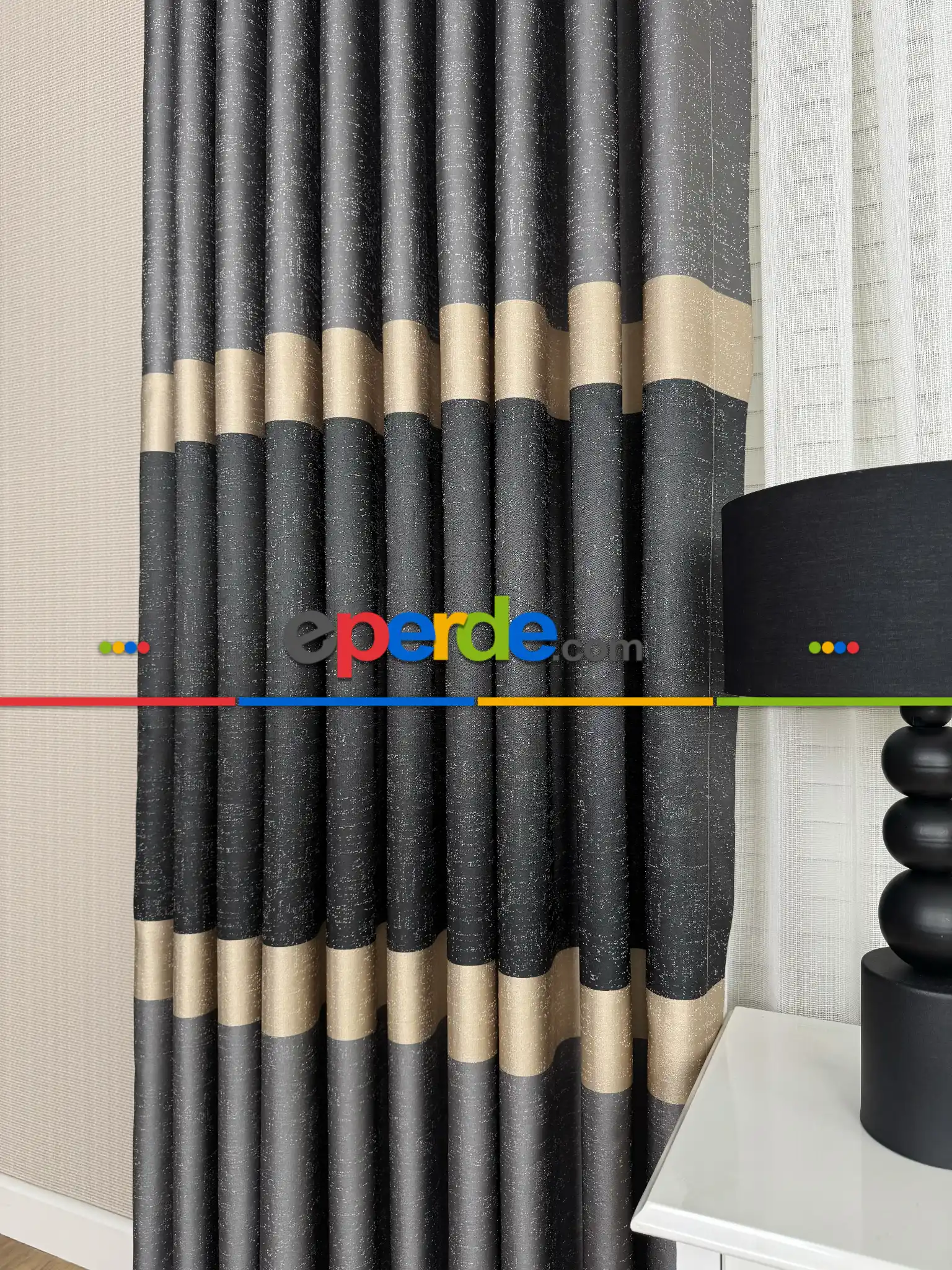 Koyu Antrasit Gri Krem Jakar Dokuma Fon Perde, Parlak Zemin