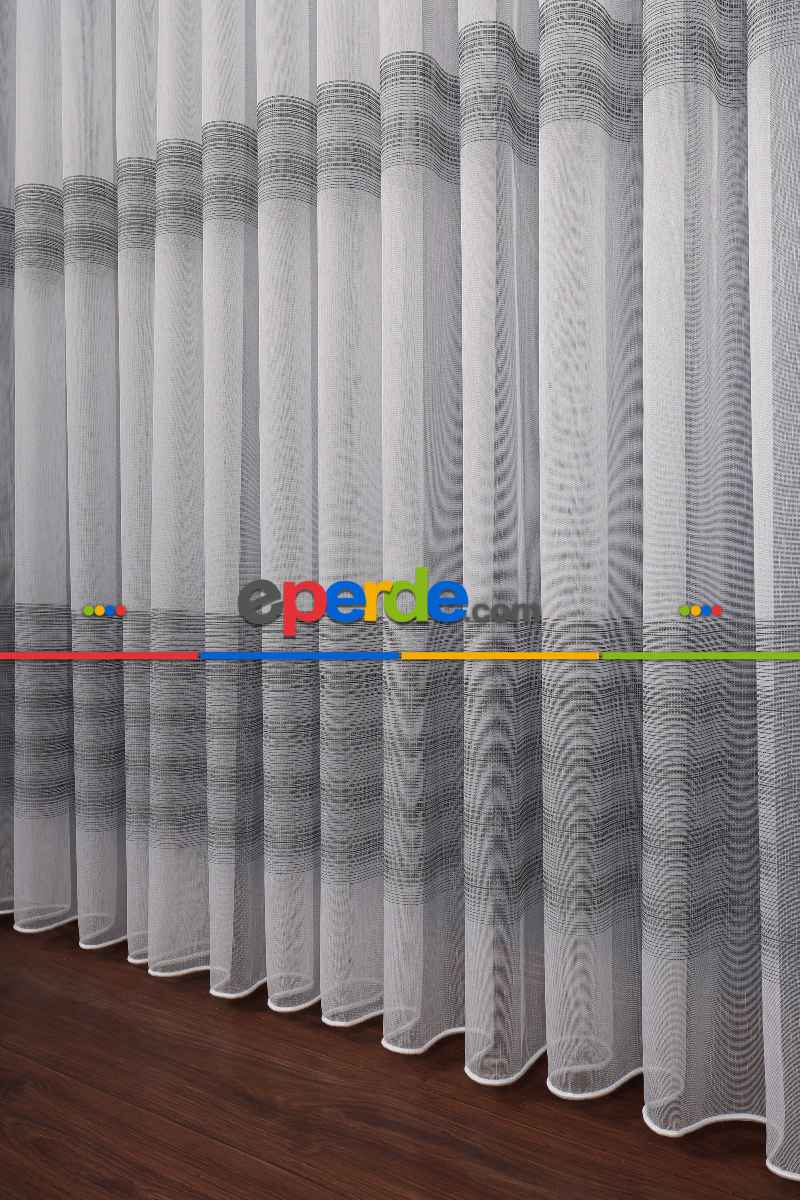 Salon Tül Modelleri - Enine Bantlı Simli Düz Tül Perde Ütü Istemez