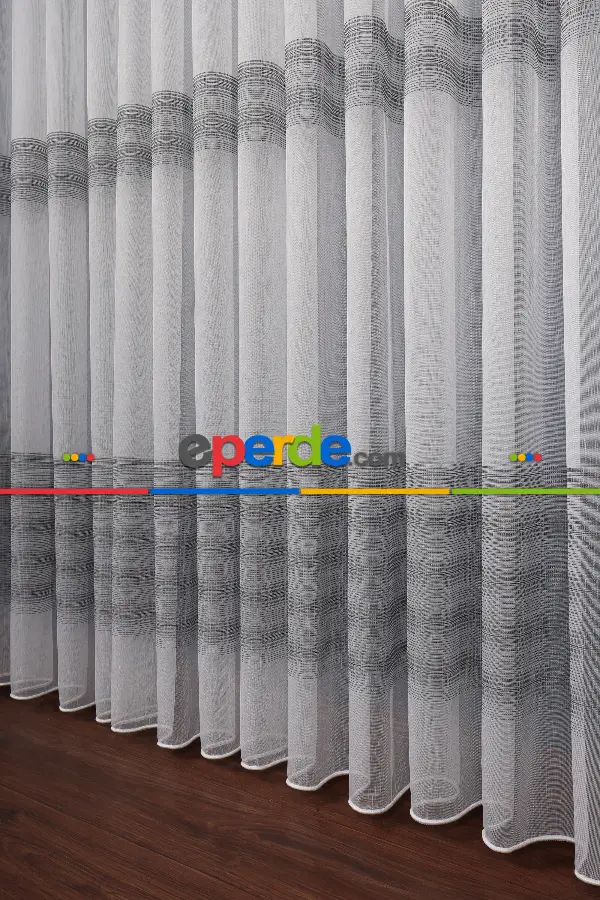 Enine Bantlı Simli Düz Tül Perde Ütü Istemez