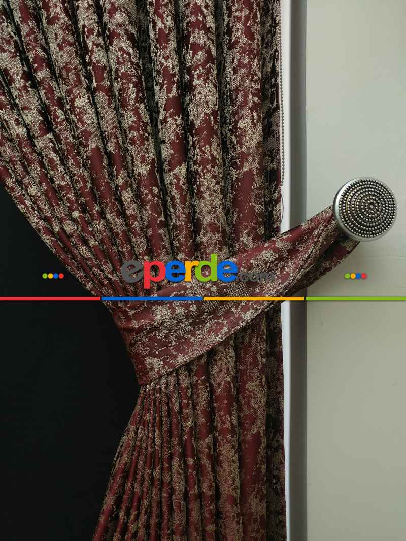Patine Desenli Bordo Krem Desenli Jakar Fon Perde - Bordo