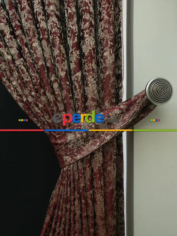 Bordo Krem Desenli Jakar Fon Perde - Bordo