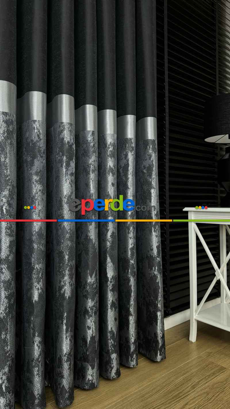 Siyah Gümüş Jakar Dokuma Fon Perde - Premium Kalite Serisi Ağır Gramajlı