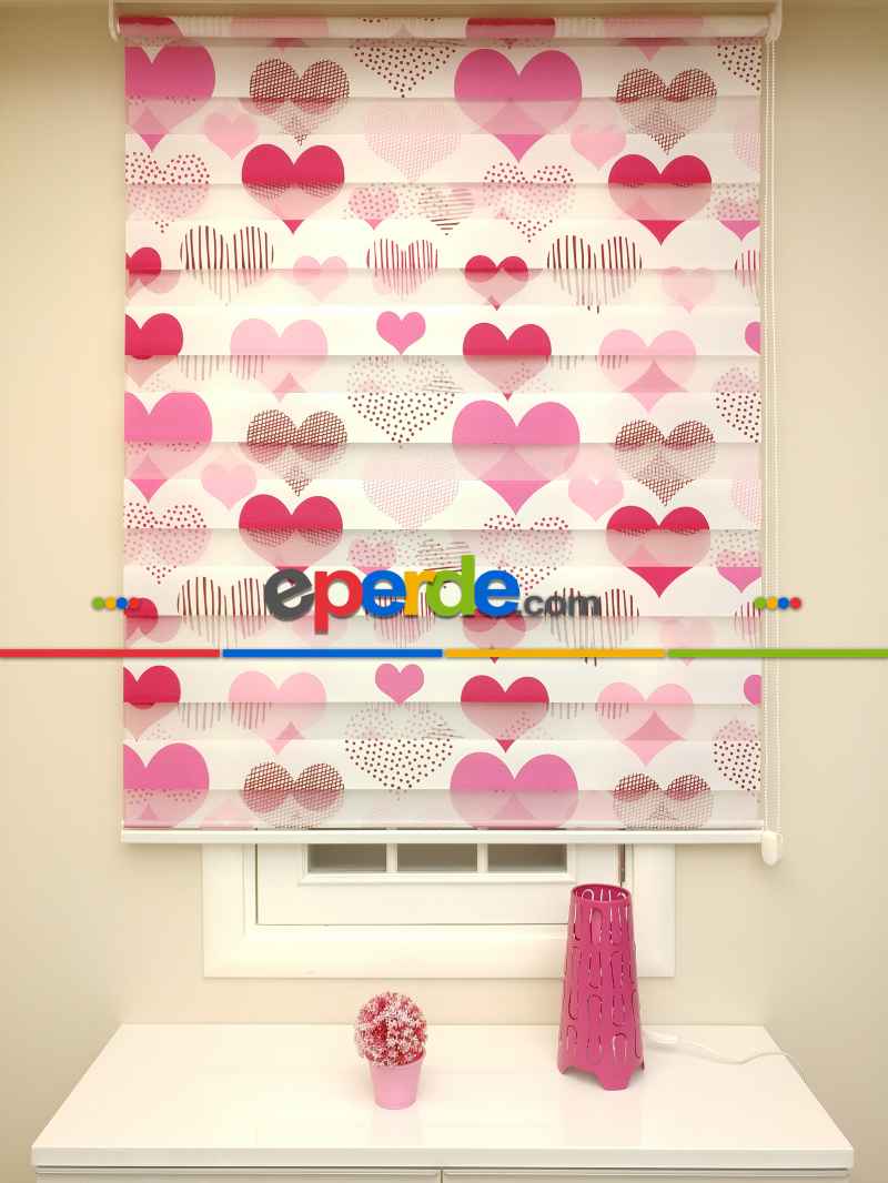 Zebra Perde- Kalp Baskılı Zebra Perde- Pembe