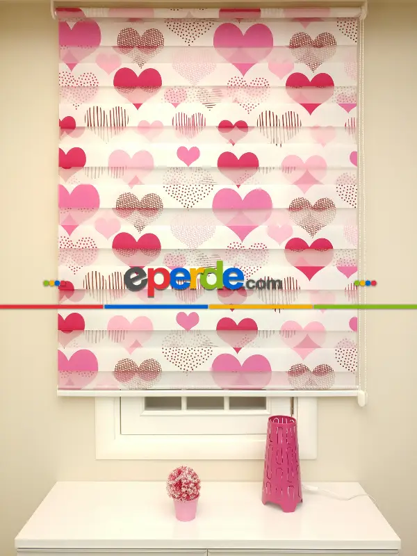 Zebra Perde- Kalp Baskılı Zebra Perde- Pembe