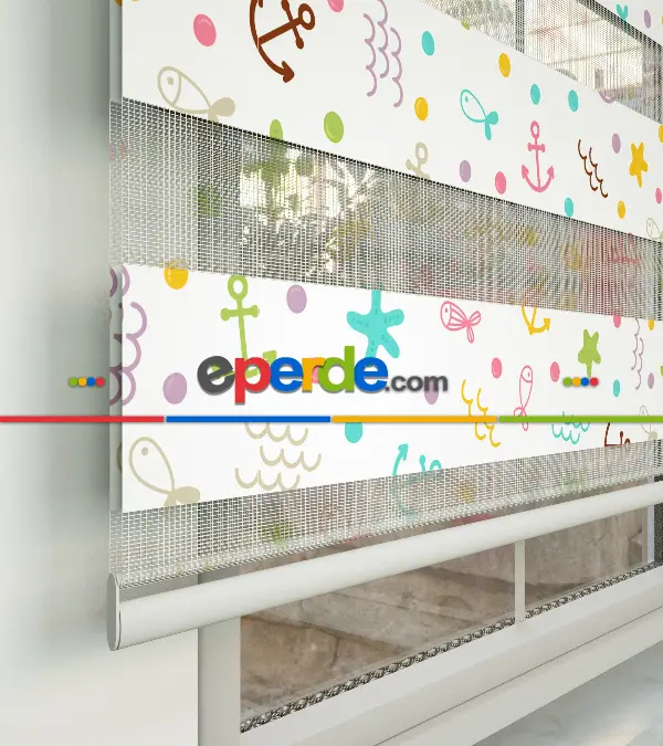 Bebek Odası Zebra Perde - Çapa Desenli Baskılı Zebra Perde- Çok Renkli