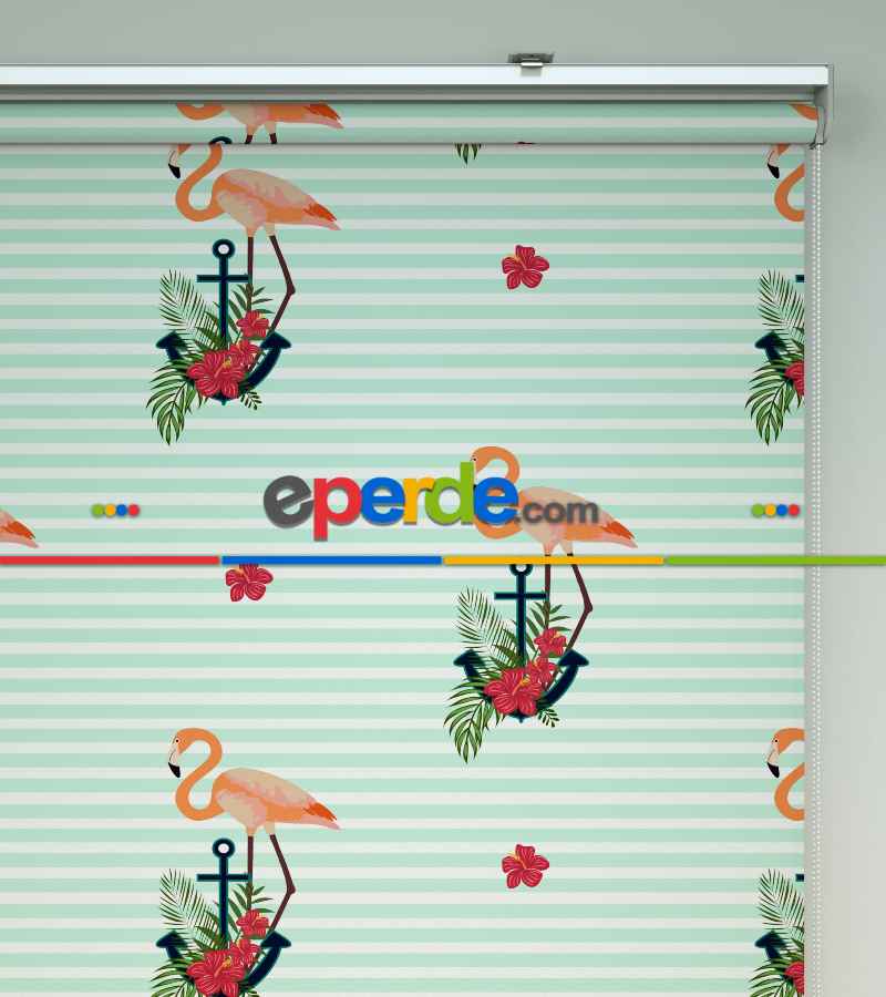 Çocuk Odası Stor Perde - Çapa Ve Flamingo Desenli Baskılı Stor Perde- Çok Renkli