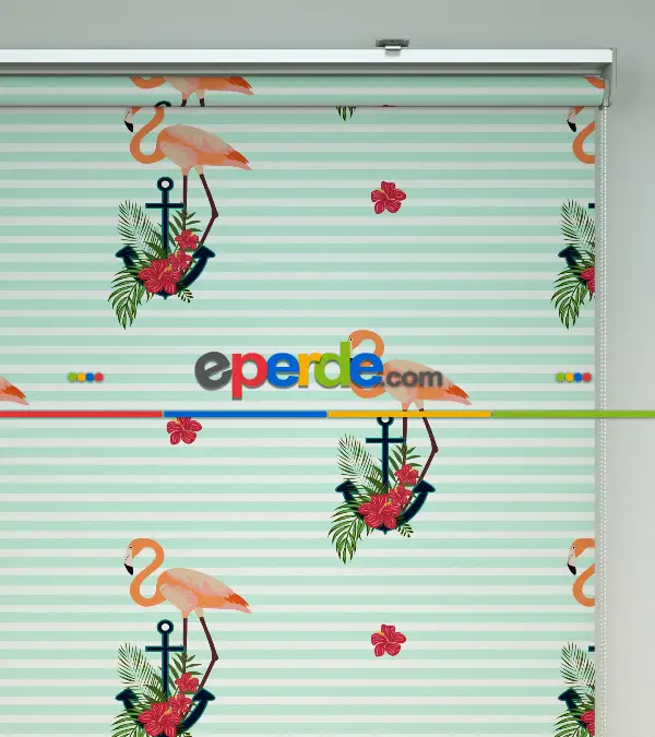 Bebek Odası Stor Perde - Çapa Ve Flamingo Desenli Baskılı Stor Perde- Çok Renkli