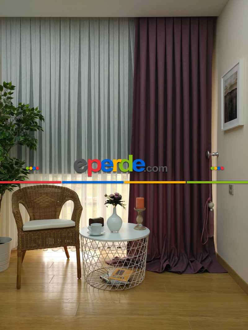 Yatak Odası - Keten Mürdüm Renk Düz Fon Perde - Mürdüm