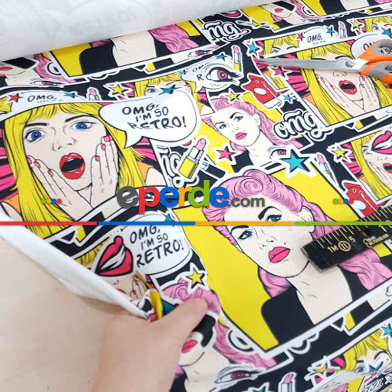 Popart Desenli Fon Perde Evm1072 Kumaşı Kalındır Duck Bezi Değildir- Siyah-Sarı-Pembe Koyu