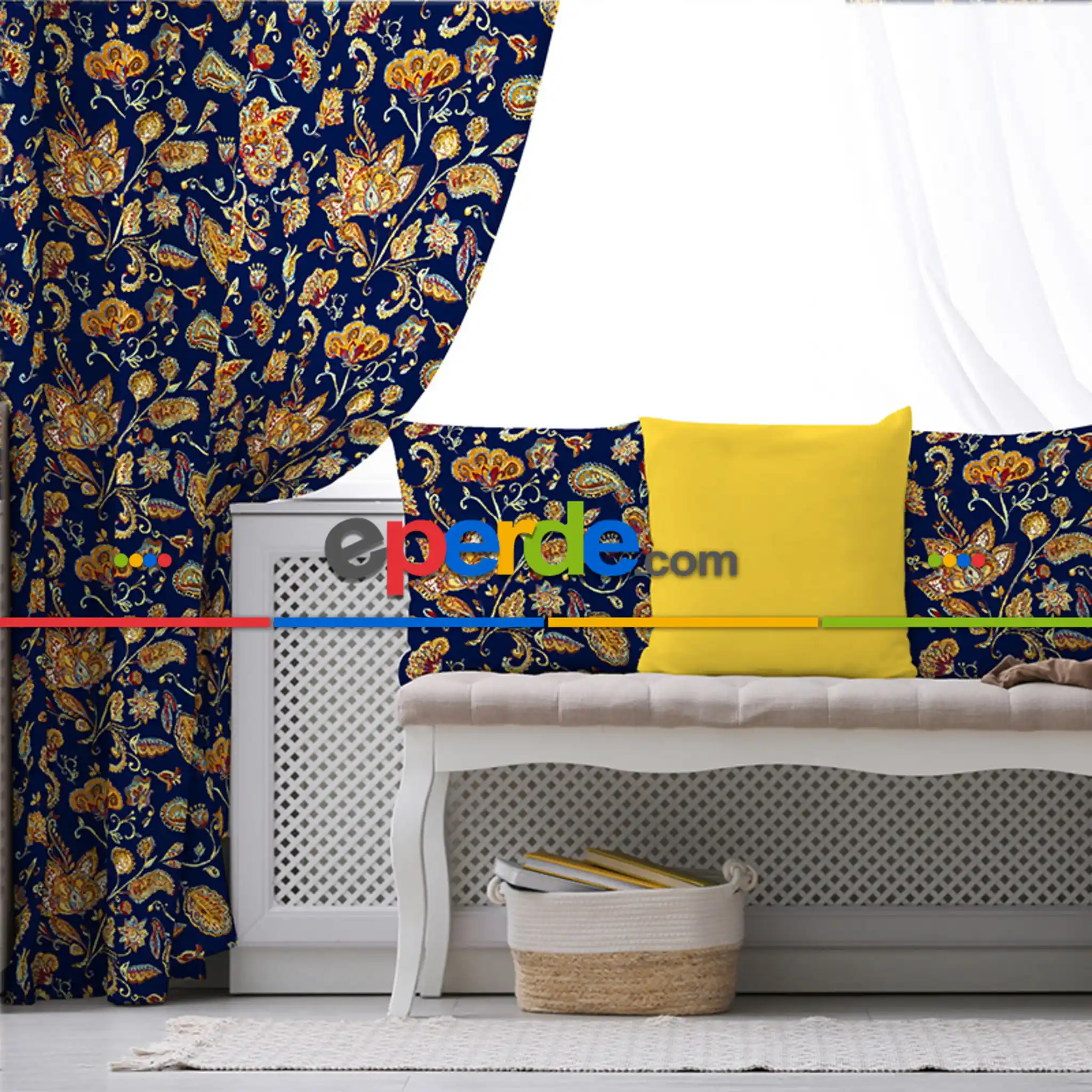 Yaprak Desenli Fon Perde Evim787 Kumaşı Kalındır Duck Bezi Değildir- Mavi-beyaz