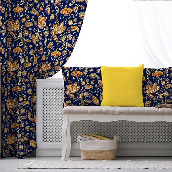 Yaprak Desenli Fon Perde Evim787 Kumaşı Kalındır Duck Bezi Değildir- Mavi-beyaz