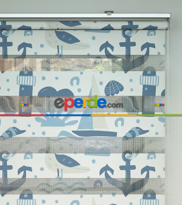 Bebek Odası Zebra -  Denizci Desenli Baskılı Zebra Perde- Mavi-Çok Renkli-Kum Beji