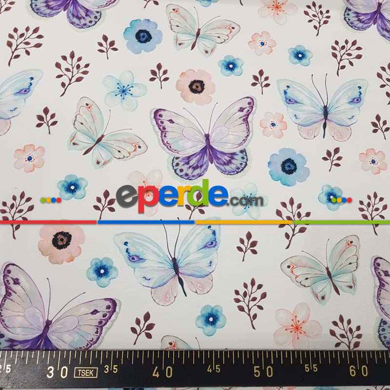 Kelebek Ve Çiçek Desenli Fon Perde Evm815 Kumaşı Kalındır Duck Bezi Değildir- Beyaz