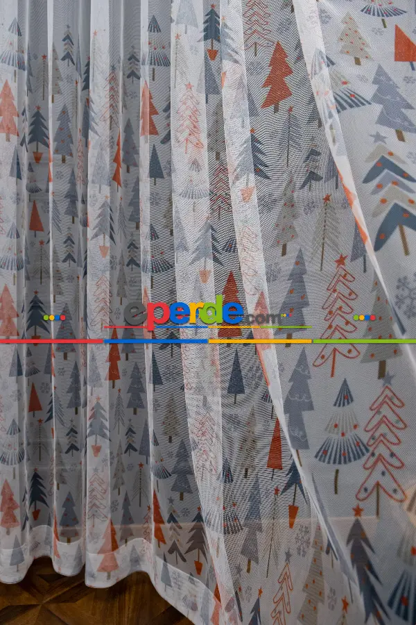 Petek Zemin Turuncu Ve Gri Renkli Çam Ağacı Desenli Grek Baskılı Tül Perde 190cm X 255cm 