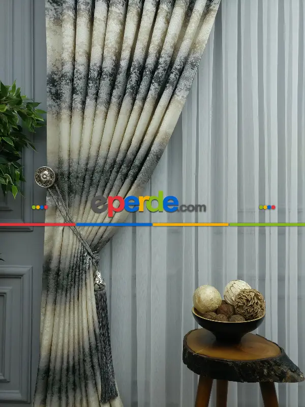 Patine Desenli Gökkuşagı Desen Jakar Fon Perde En- Gri