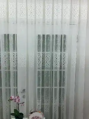 Enine Çizgili Arası Geometrik Örme Tül Perde Yüksek Kalite- Ekru