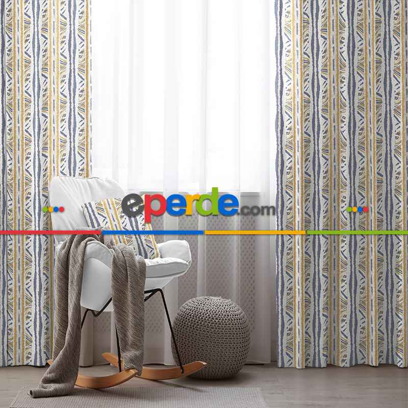 Etnik Fon Perde Evim1536 Kumaşı Kalındır Duck Bezi Değildir- Mavi-beyaz