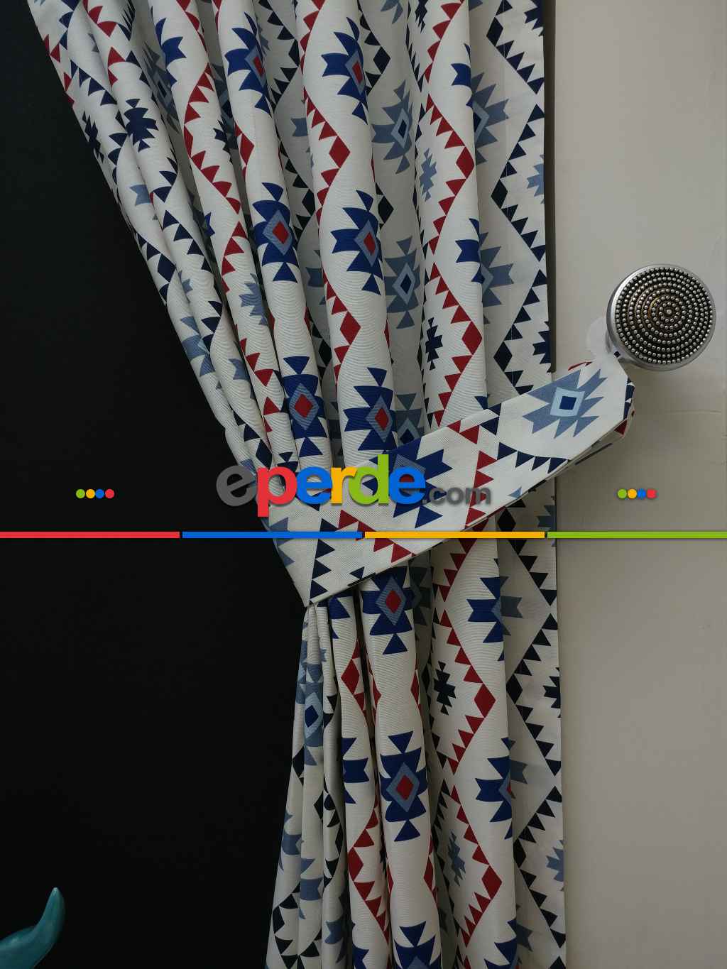 Geometrik Desenli Fon Perde ( Leke Tutmaz )- Siyah-mavi-kırmızı