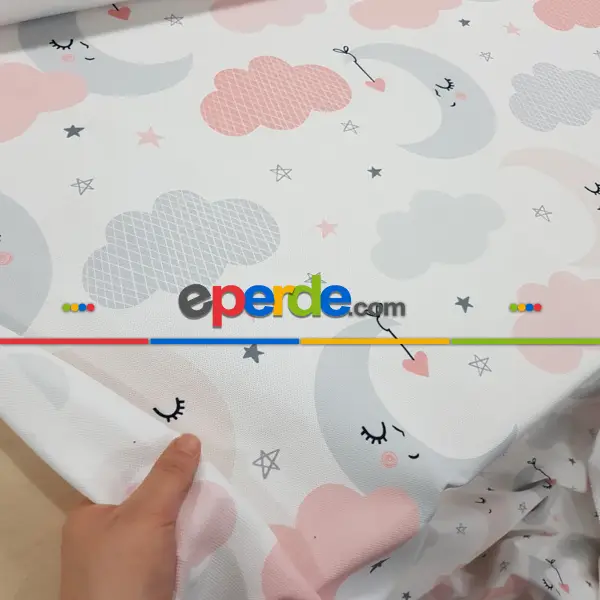 Bebek Odası Fon - Bulutlu Gece Desenli Fon Perde Evm603 Kumaşı Kalındır Duck Bezi Değildir- Gri-Füme-Antrasit-Pembe