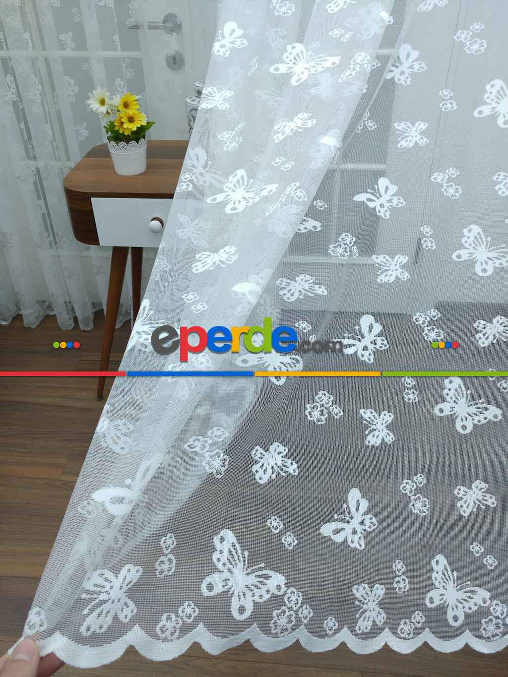Ekru - Kelebek Desenli Çocuk Odası Tül Perde- Ekru