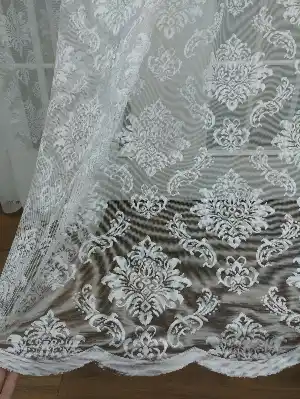 Krem Damask Desenli Fransız Danteli Tül Perde (geniş En 280cm)- Krem