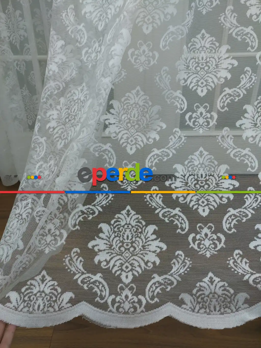 Krem Damask Desenli Fransız Danteli Tül Perde (geniş En 280cm)- Krem
