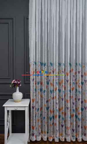 Hazır Ölçülü Petek Zemin Turuncu Ve Mavi Renkli Kalpler - Puantiye Desenli Grek Baskılı Tül Perde