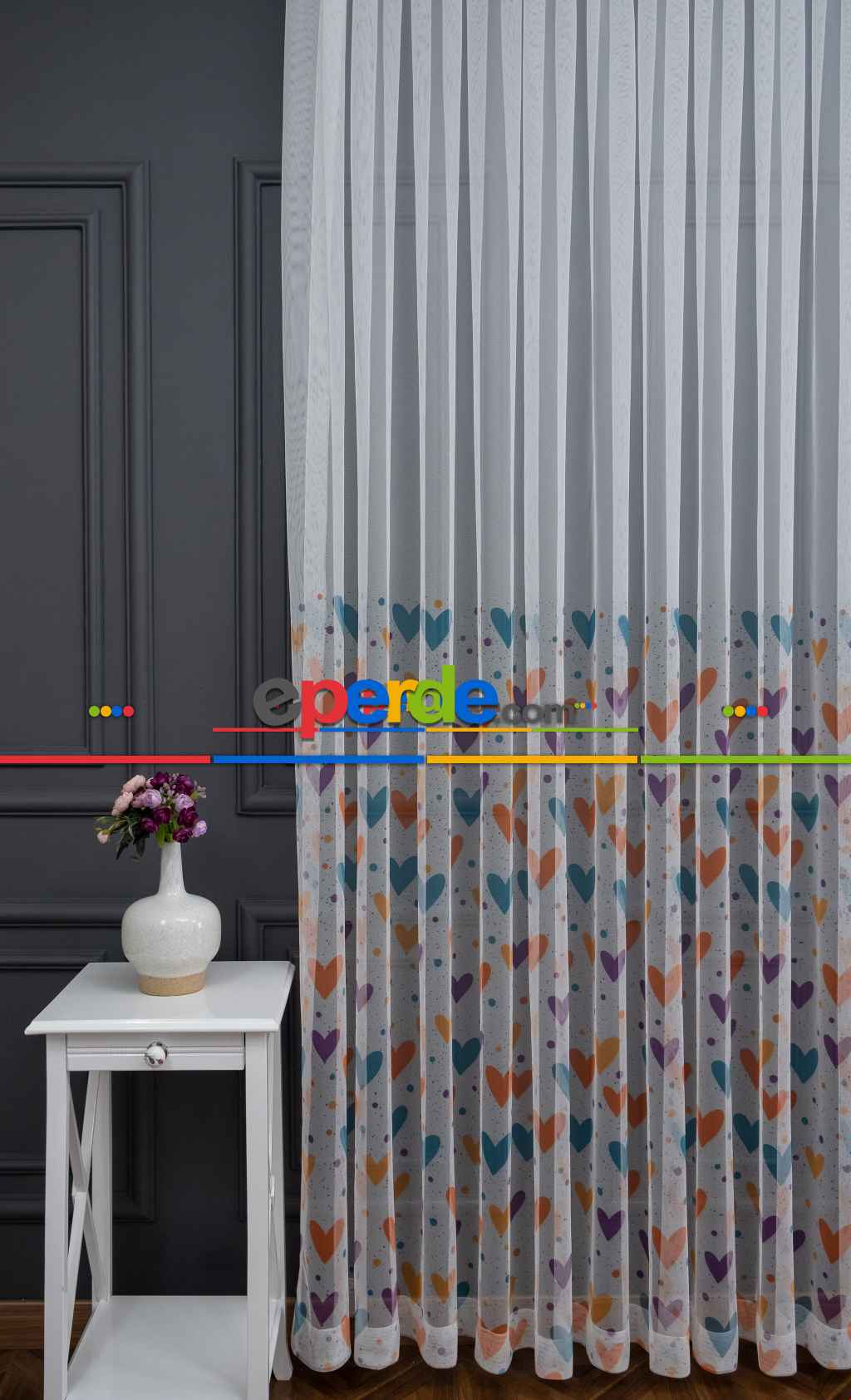 Hazır Ölçülü Petek Zemin Turuncu Ve Mavi Renkli Kalpler - Puantiye Desenli Grek Baskılı Tül Perde