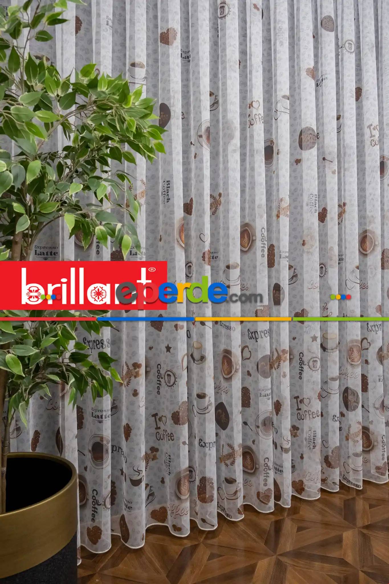 Mutfak Perdesi Kahve Fincan Desenli Tasarım Desen Model Kafe Tül Perdesi - Kurşunlu Tül