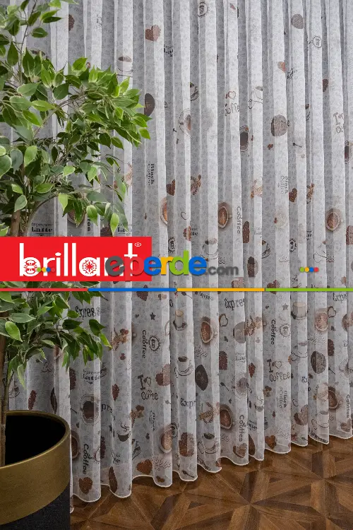 Mutfak Perdesi Kahve Fincan Desenli Tasarım Desen Model Kafe Tül Perdesi - Kurşunlu Tül