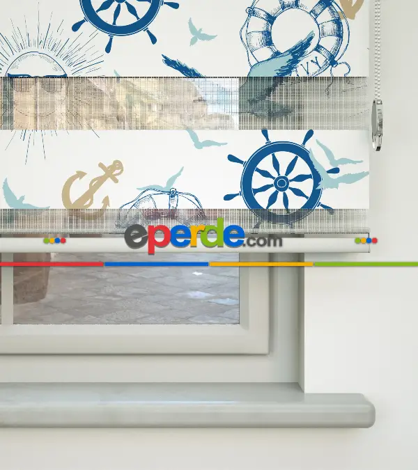 Çocuk Odası Zebra - Denizci Desenli Baskılı Zebra Perde- Mavi-Çok Renkli-Camel