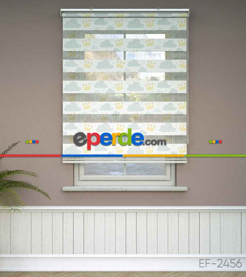 Bulut Desenli Baskılı Zebra Perde- Çok Renkli