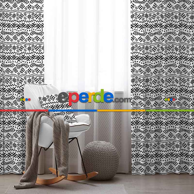 Etnik Fon Perde Evim1513 Kumaşı Kalındır Duck Bezi Değildir- Mavi-beyaz