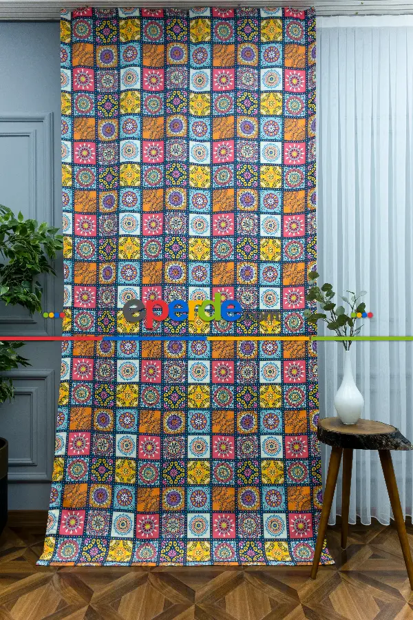 Etnik Desenli Fon Perde K508 E - Kumaşı Kalındır Duck Bezi Değildir.- Sarı-Turkuaz-Pembe-Kahve-Hardal Sarısı-Çok Renkli