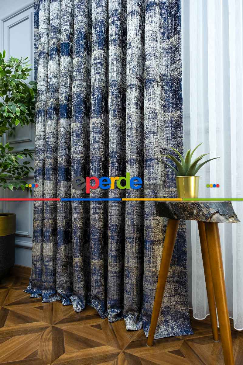 Jakar Desenli Fon Perde- Lacivert-bej