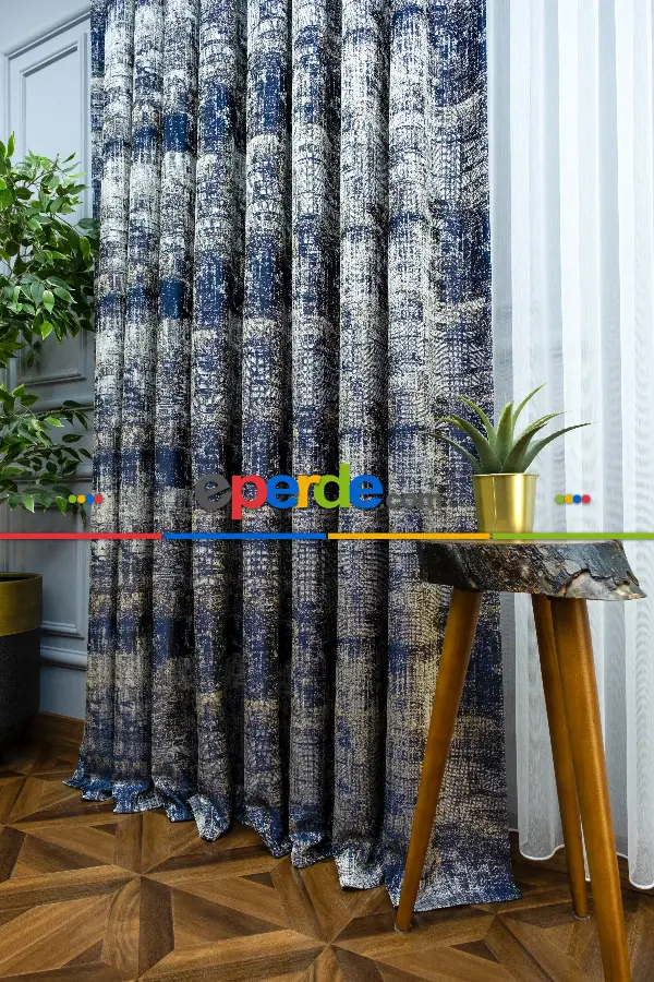 Salon Fon - 2021 Sezonu - Jakar Desenli Fon Perde- Lacivert-Bej