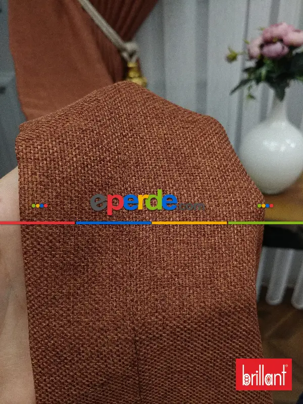 Yatak Odası - Brillant Keten Kiremit Renk Düz Fon Perde - Kiremit Rengi