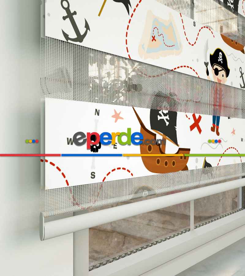 Bebek Odası Zebra Perde - Korsan Desen Baskılı Zebra Perde- Çok Renkli