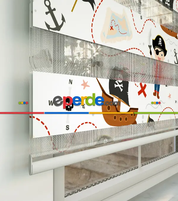 Bebek Odası Zebra Perde - Korsan Desen Baskılı Zebra Perde- Çok Renkli