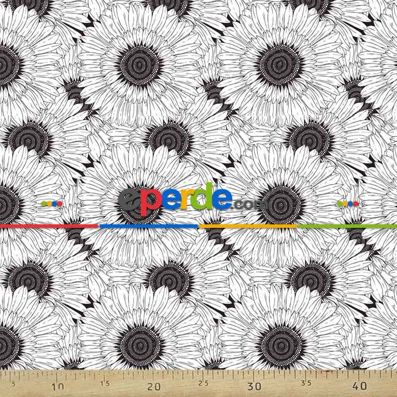 Siyah Beyaz Çiçek Desenli Fon Perde Evm721 Kumaşı Kalındır Duck Bezi Değildir- Siyah-Beyaz