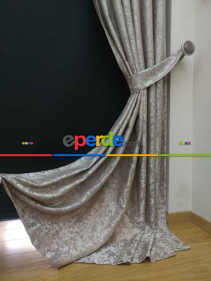 Gri Krem Desenli Jakar Fon Perde (180cm En)- Gri-füme-antrasit-krem Açık