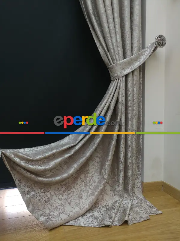Gri Krem Desenli Jakar Fon Perde (180cm En)- Gri-füme-antrasit-krem Açık