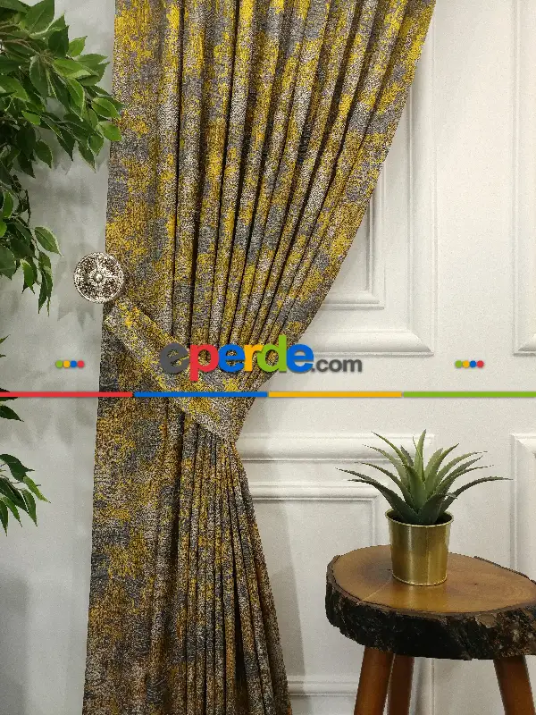 Patine Desenli Jakar Desenli Fon Perde- Gri Sarı