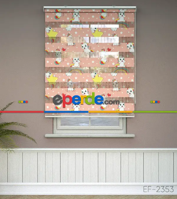 Unicorn Desenli Baskılı Zebra Perde- Çok Renkli