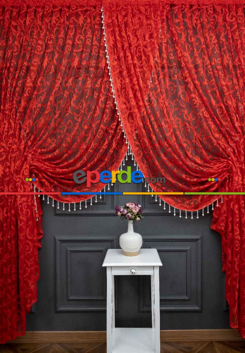 Kırmızı Tül Perde - Sarmaşık Desenli Tül - Kruvaze Model Yanki Tül Perde - Düz Model Seçeneği Var - Örme Tül
