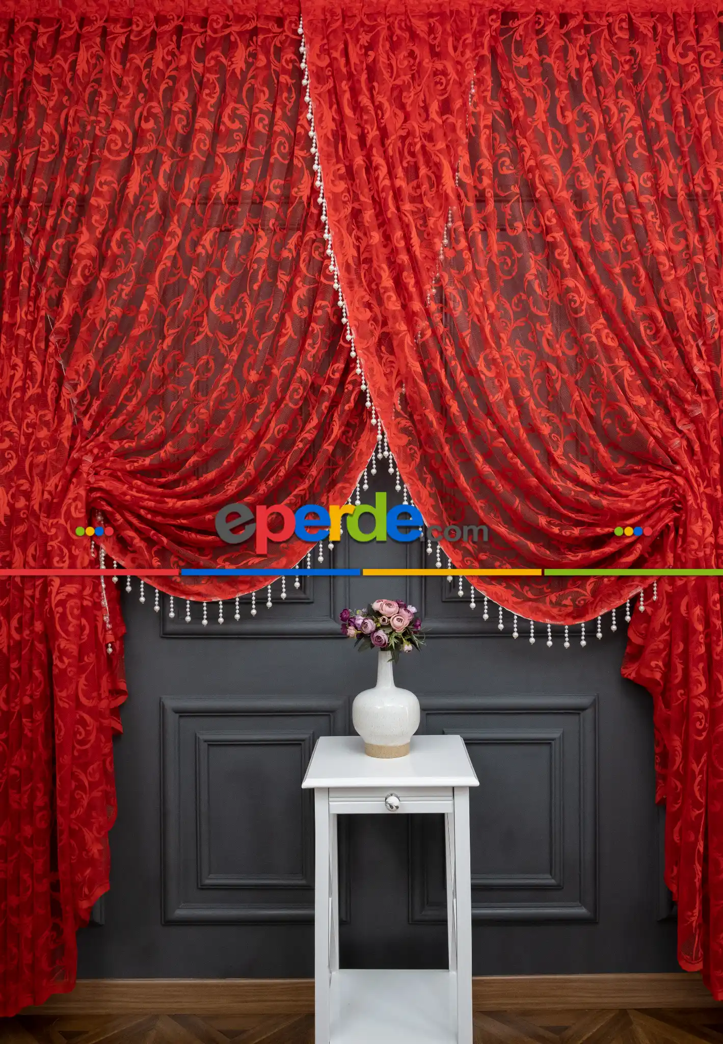 Kırmızı Tül Perde - Sarmaşık Desenli Tül - Kruvaze Model Yanki Tül Perde - Düz Model Seçeneği Var - Örme Tül