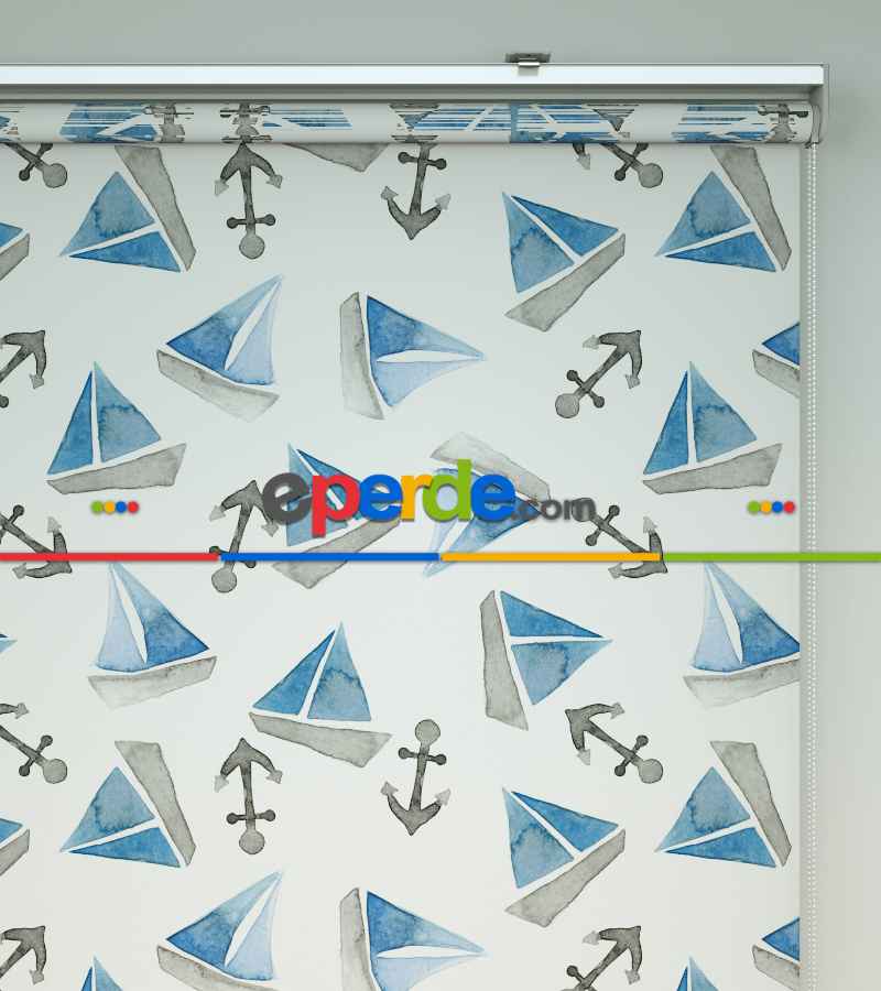 Bebek Odası Stor Perde - Yelkenli Baskılı Stor Perde- Mavi-Gri-Füme-Antrasit-Beyaz