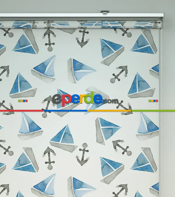 Bebek Odası Stor Perde - Yelkenli Baskılı Stor Perde- Mavi-Gri-Füme-Antrasit-Beyaz